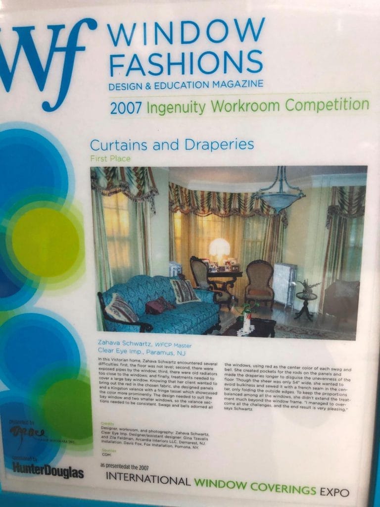 2007 First Place Curtains and Draperies Award, Window Fashions Magazine, Elegant Living Room Design, Zahava Schwartz.