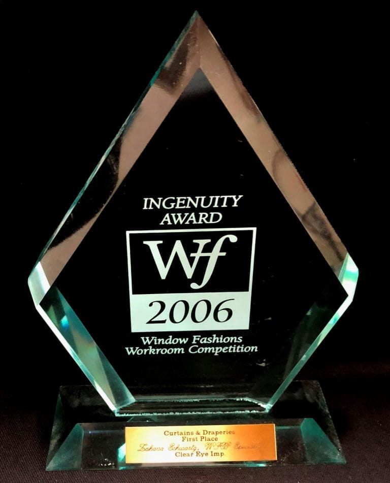 2006 Ingenuity Award trophy for Window Fashions Workroom Competition, first place in curtains and drapery category.