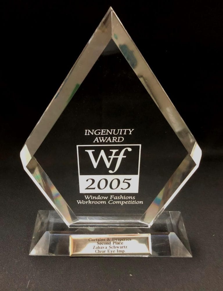 Crystal award for second place in 2005 Window Fashions Workroom Competition, Curtains and Draperies category.